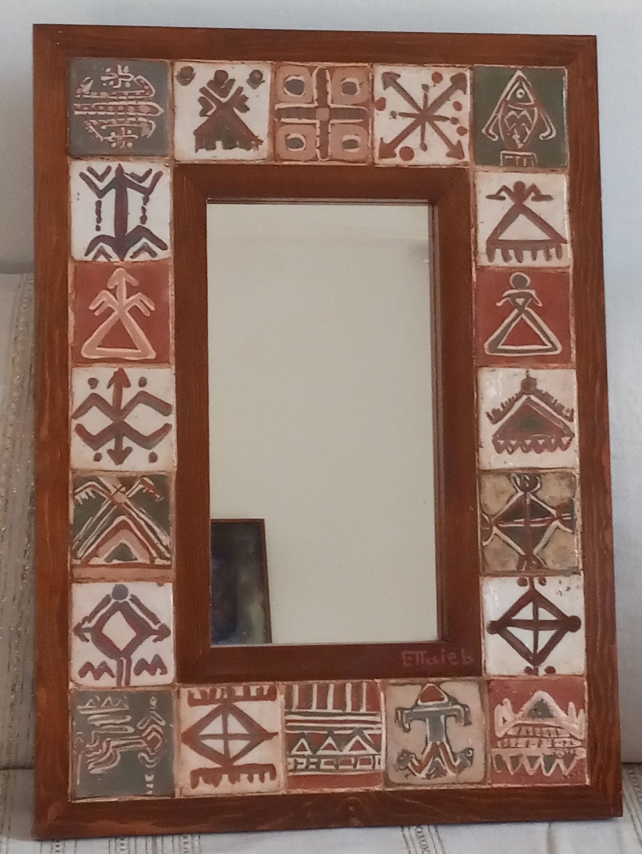 Miroir ethnique en céramique, Cadre en bois style Berbère (modèle 1)