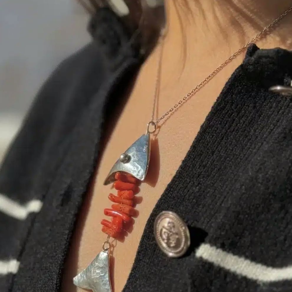 Collier en pendentif Poisson Grand Argent 925 et corail rouge naturel