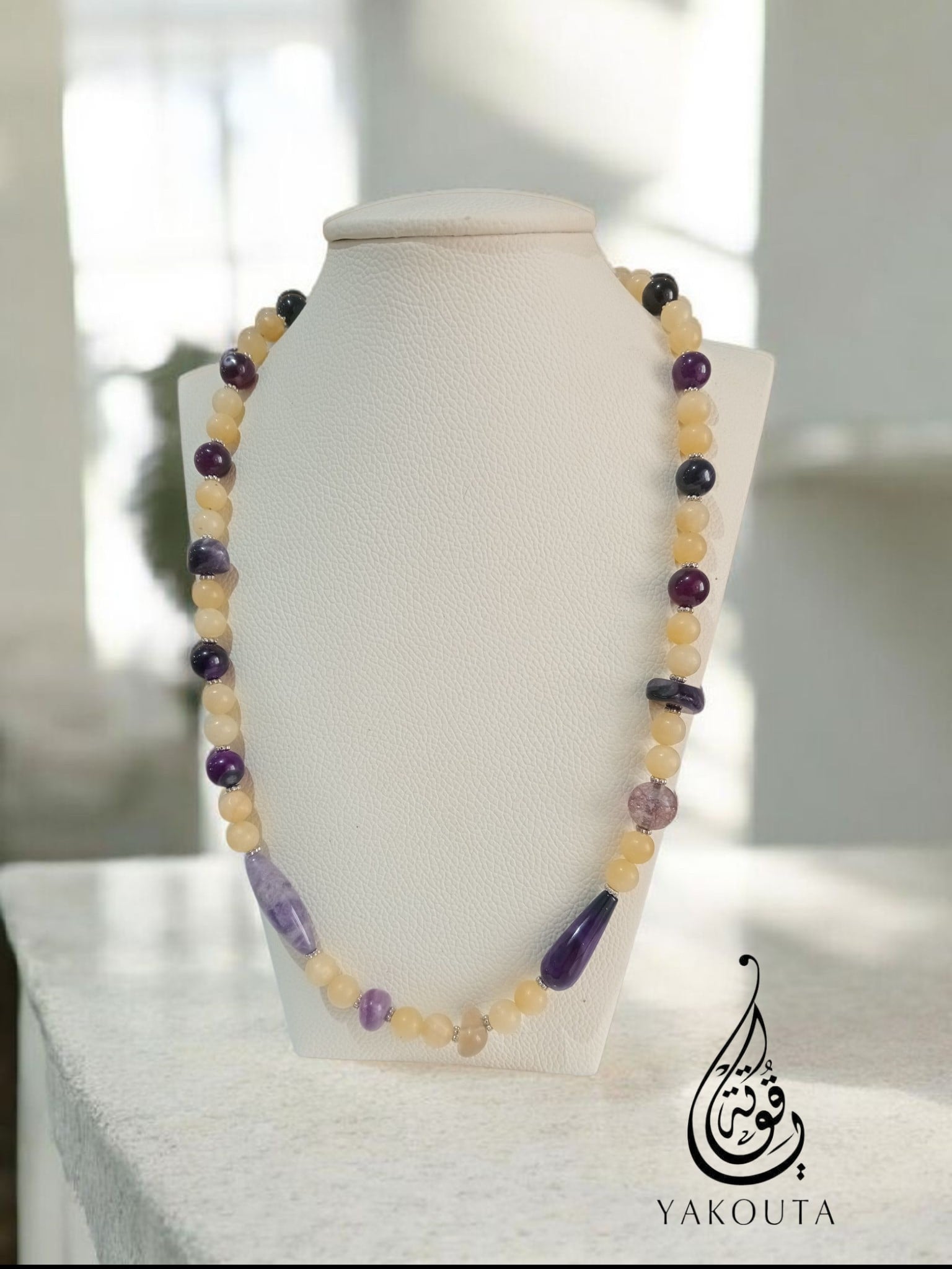 collier jade jaune et améthyste 