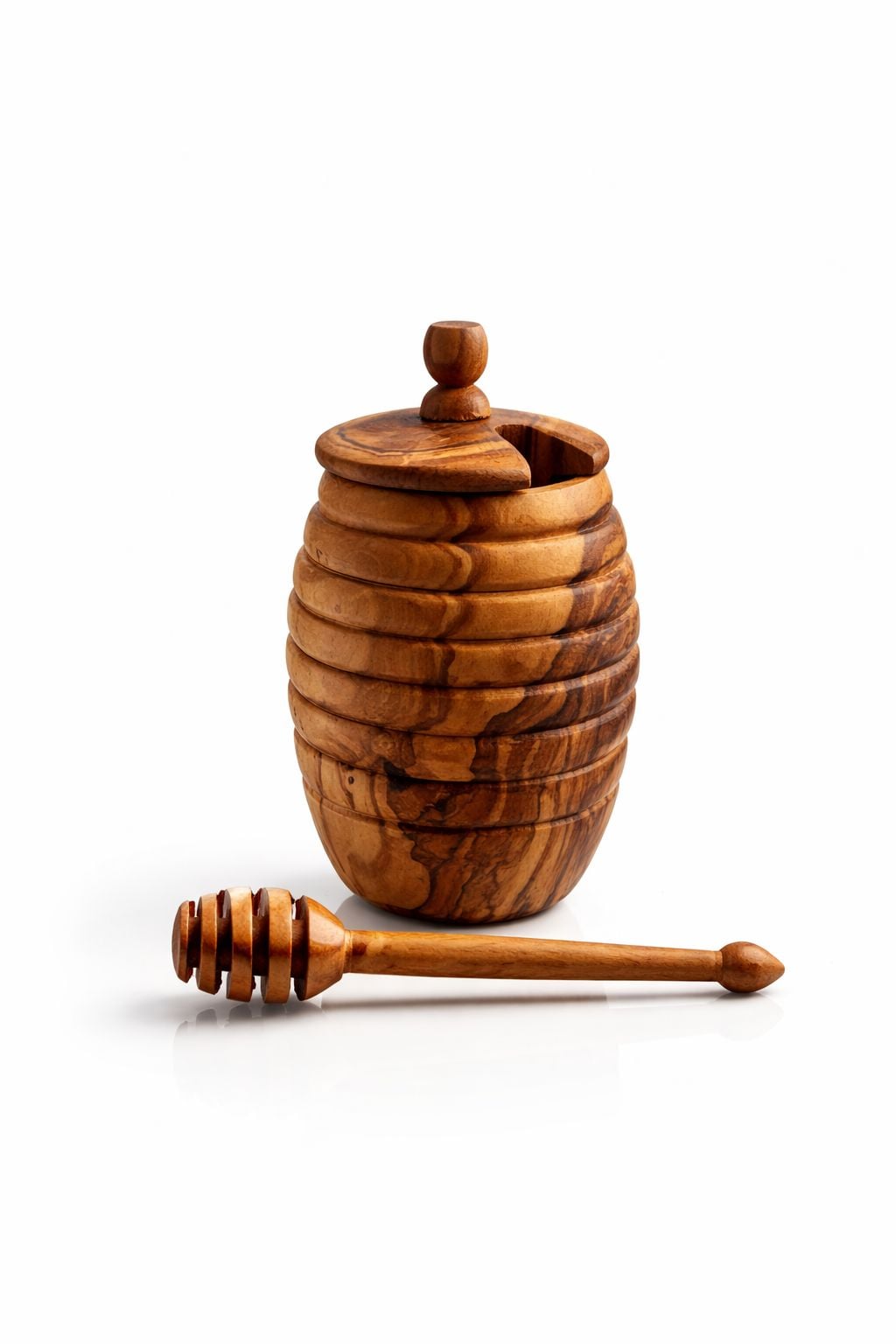 Pot à miel artisanal en bois d’olivier – avec cuillère