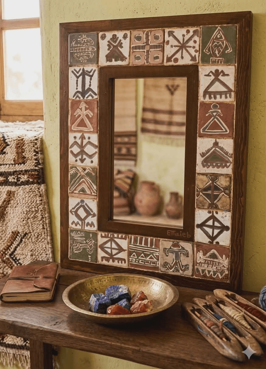 Miroir ethnique en céramique, Cadre en bois style Berbère (modèle 1)
